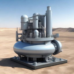 A realistic image of a centrifugal compressor as used in an oil drilling site. Surround it with drilling equipment, machinery, and the rough natural landscape of the oil field.