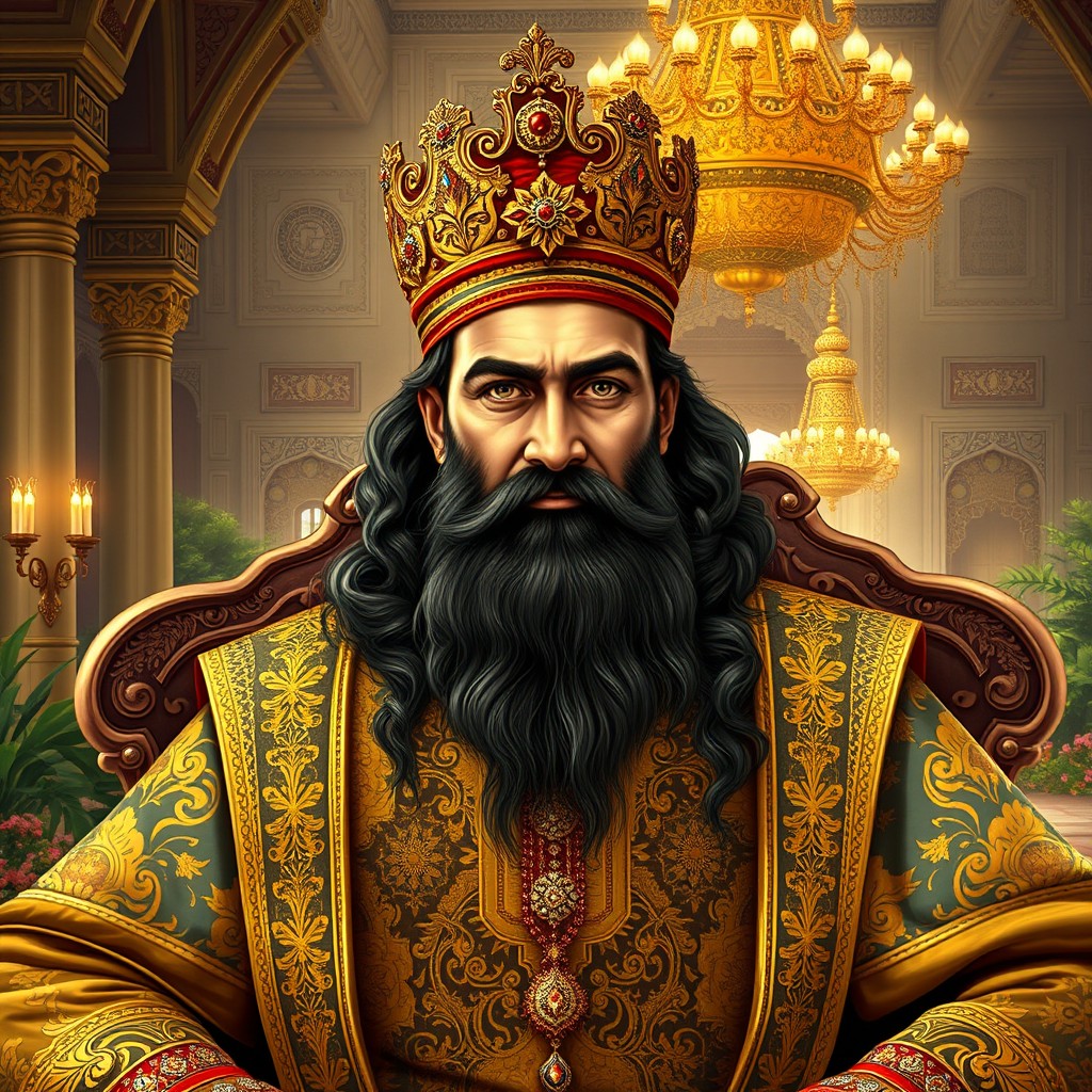 A detailed portrait of Emperor Aurangzeb, showcasing his royal attire with intricate patterns and golden embroidery, seated on a majestic throne