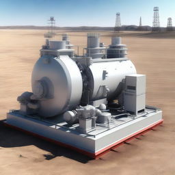 A realistic image of a centrifugal compressor as used in an oil drilling site. Surround it with drilling equipment, machinery, and the rough natural landscape of the oil field.