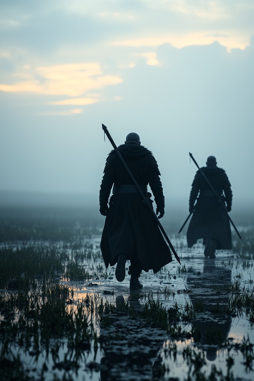Three warrior silhouettes, each adorned with long, flowing coats, making their way through a misty wetland