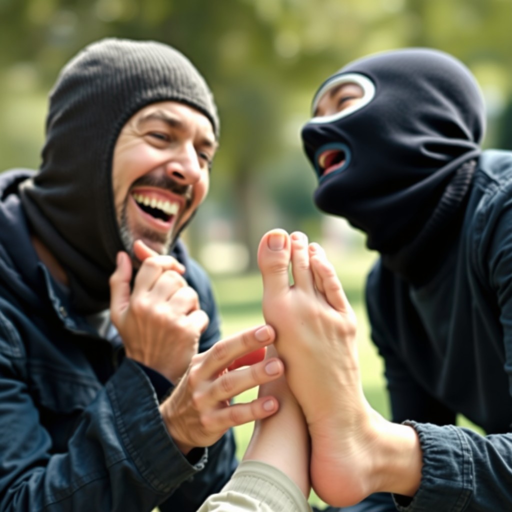 A surreal and humorous scene featuring a man wearing a balaclava, playfully sucking the big toe of a laughing woman, who is enjoying the attention