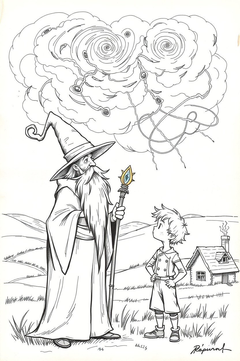 A vintage sketch depicting a wise wizard with a long, flowing beard and a tall, pointed hat, standing beside a curious farmboy wearing simple, rustic clothing