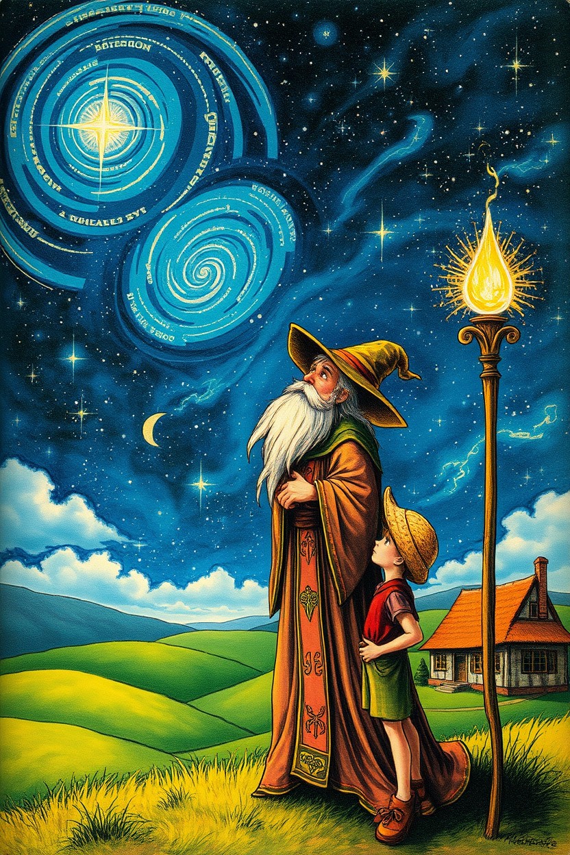 A vintage fantasy art scene depicting a wise wizard and a curious farmboy standing together, gazing up into a bright, starry night sky filled with swirling galaxies and shimmering constellations