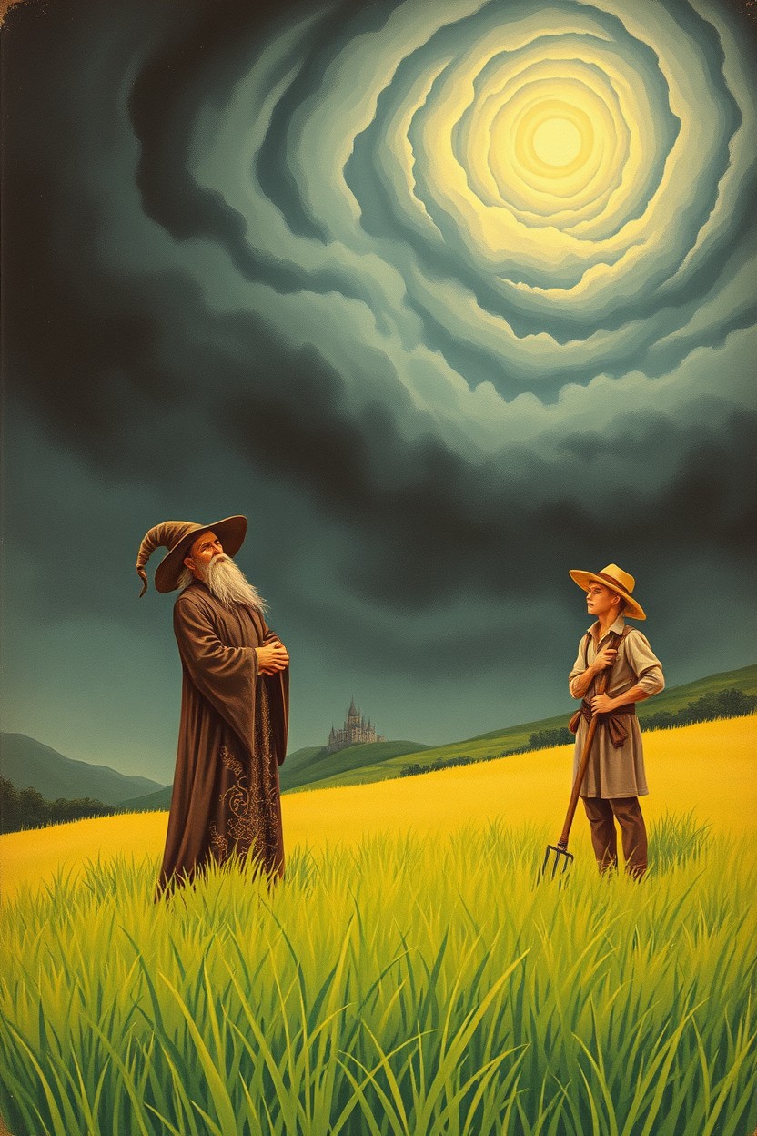 A vintage fantasy art scene depicting a wizard and a farmer standing in a lush green field, both looking up worriedly into a stormy sky filled with dark, swirling clouds