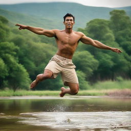 A 29-year-old man with tan skin, posing in mid-leap over a river.