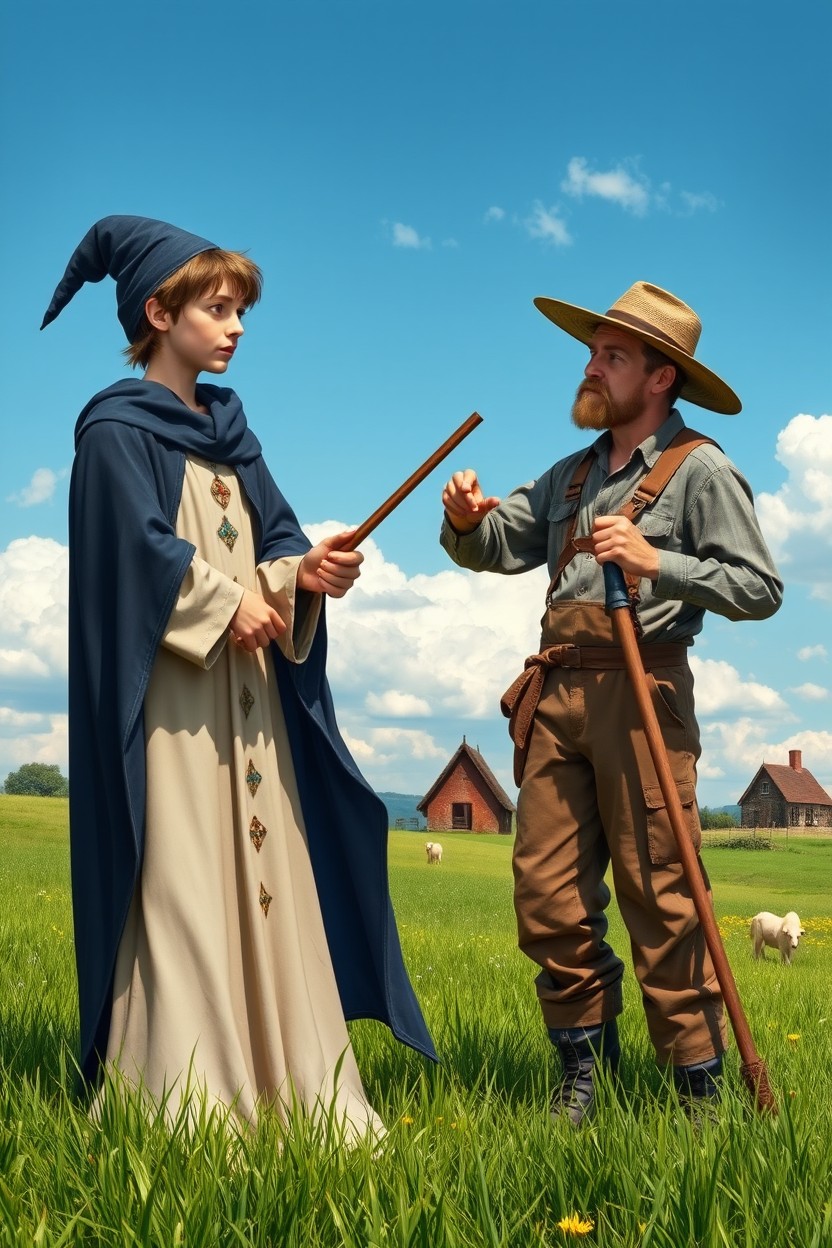 A young wizard and a farmer standing in a picturesque green field, looking at each other with expressions of concern