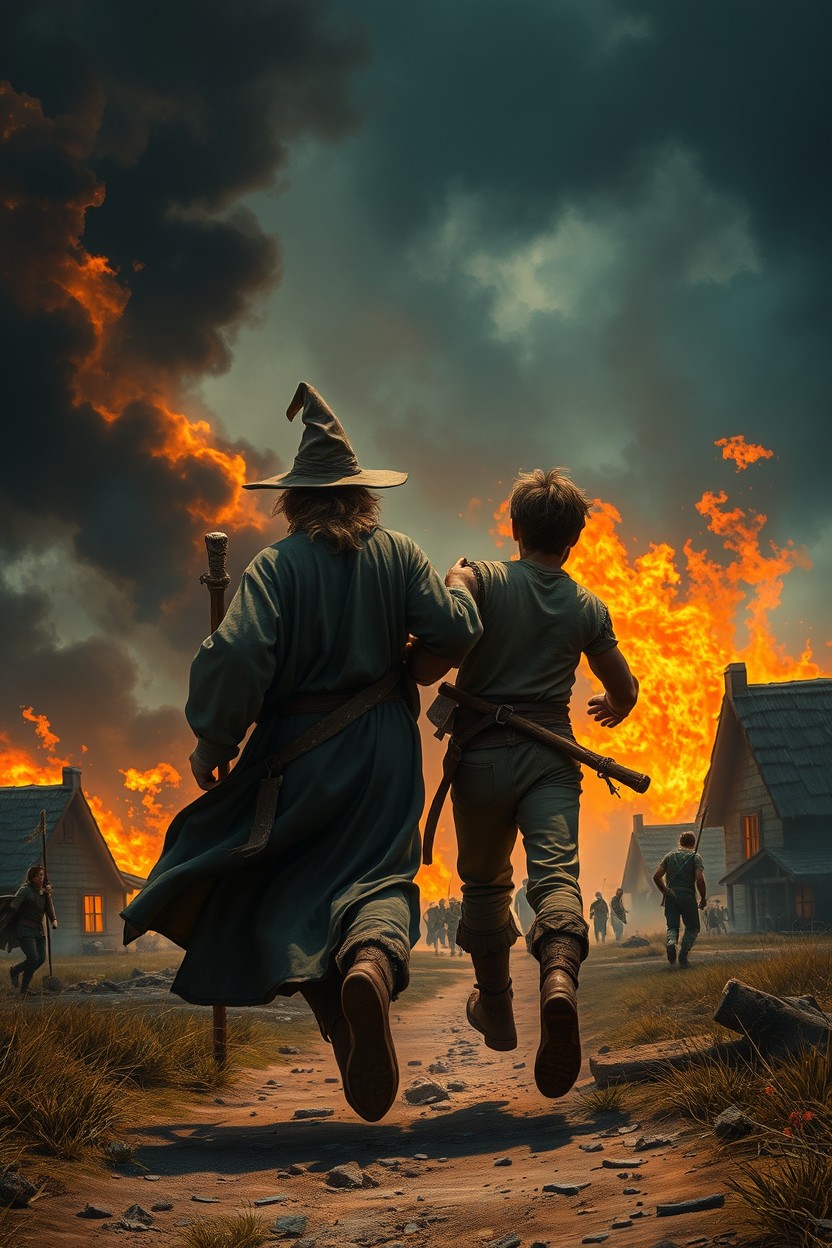 A dramatic scene where a young wizard and a young farmer are running away from a burning village