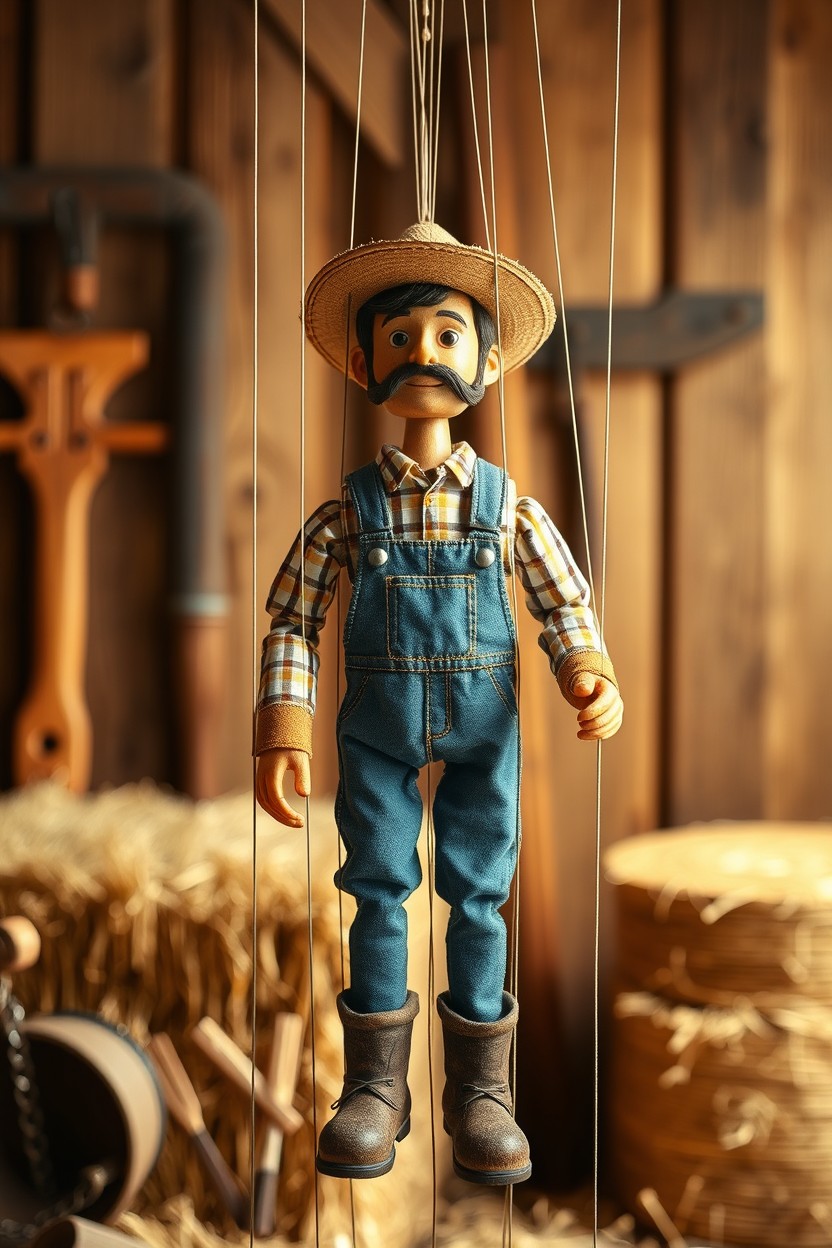 A detailed marionette of a farmer, intricately crafted with expert woodwork, wearing traditional farming attire complete with a straw hat, denim overalls, and sturdy boots