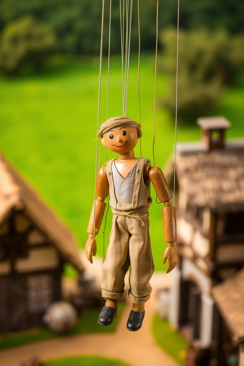 A detailed marionette of a young medieval farmer, with wood and cloth features, hanging gracefully from its strings