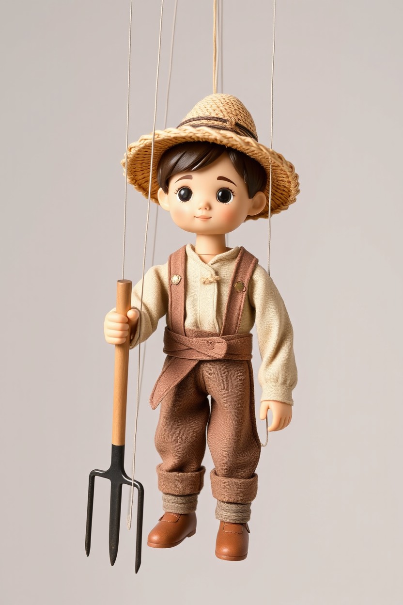 A marionette figure depicting a young medieval farmer, intricately designed with traditional farming attire