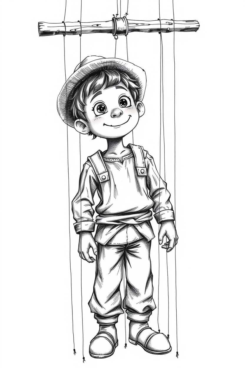 A detailed black and white sketch of a marionette depicting a young medieval farmer