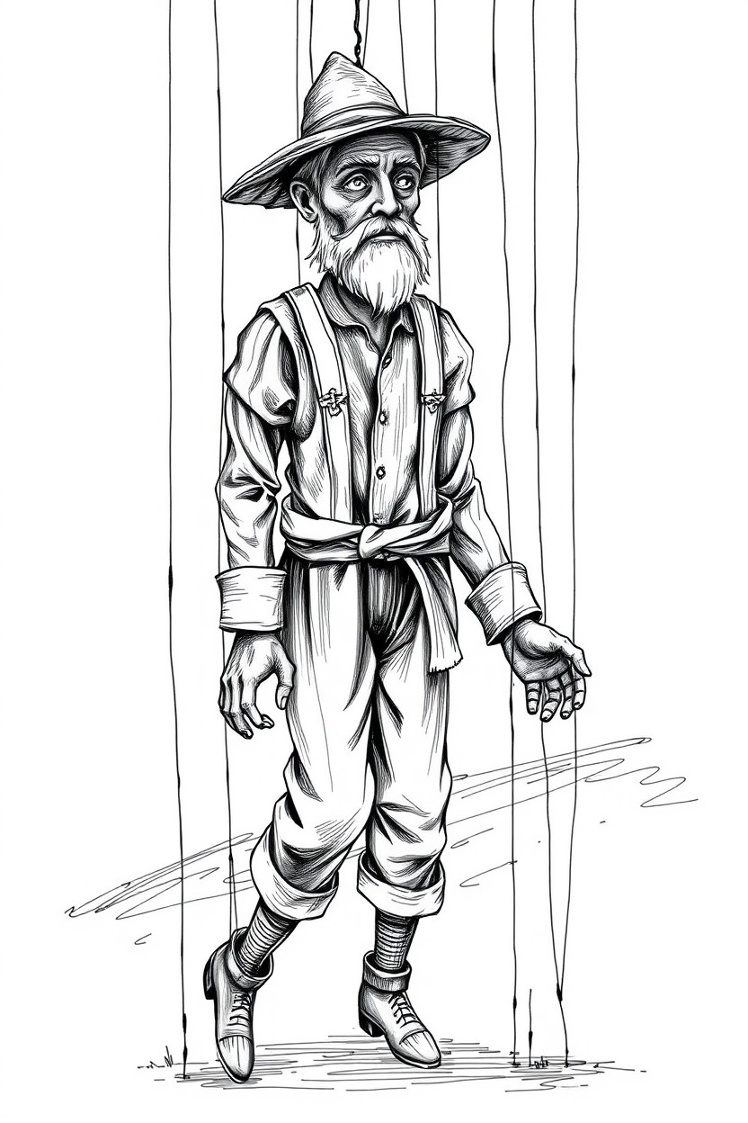 A detailed black and white sketch of a marionette depicting a medieval farmer, with intricate strings hanging from its limbs