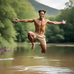 A 29-year-old man with tan skin, posing in mid-leap over a river.