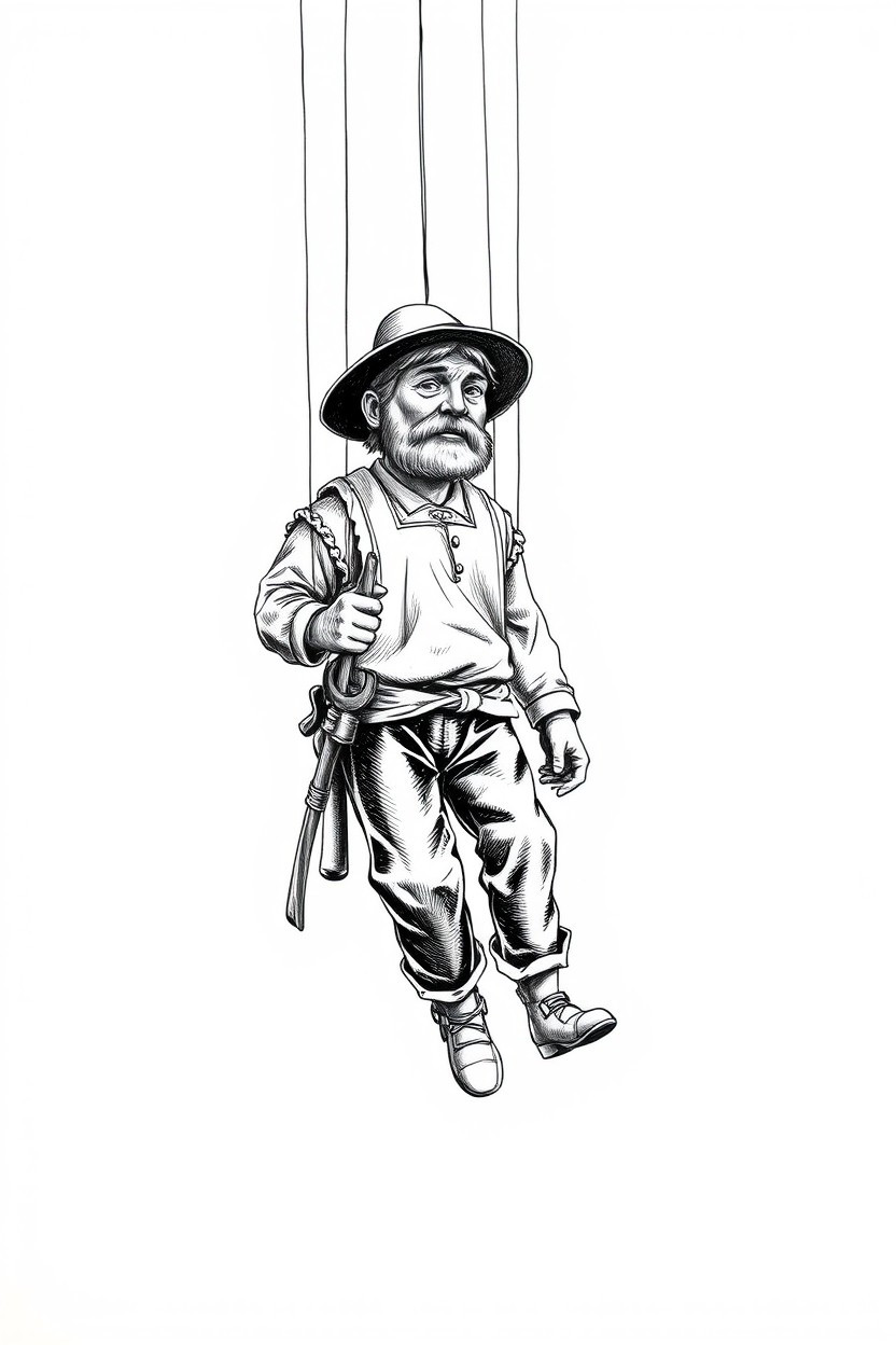 A detailed black and white sketch of a marionette representing a medieval farmer hanging elegantly from its strings