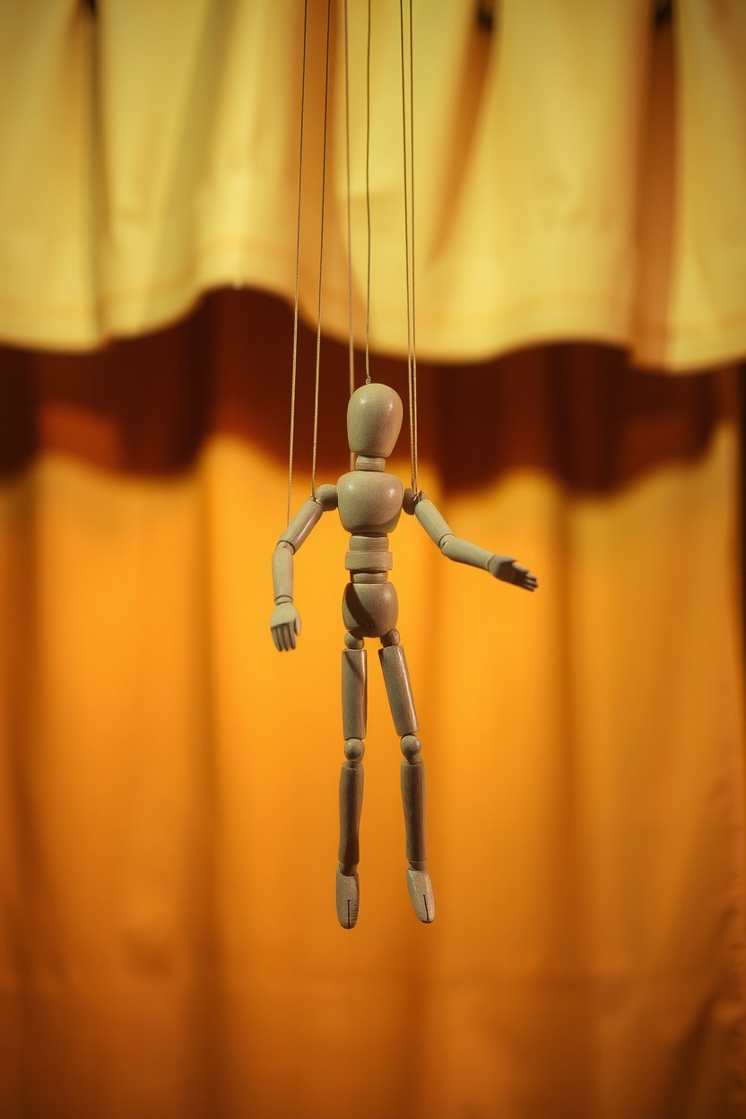 A whimsical marionette of a stick man gracefully suspended from its strings, showcasing intricate wooden joints and detailed craftsmanship