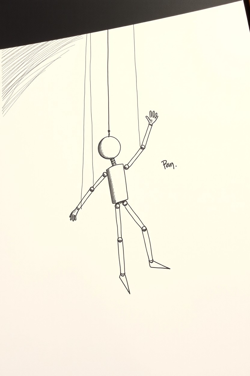 A black and white sketch of a marionette in the form of a stick man, suspended from its strings