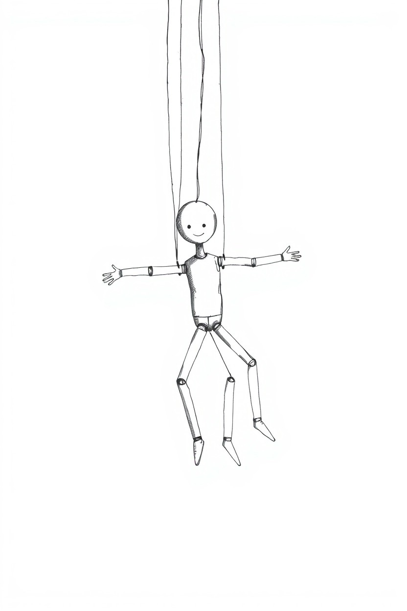 A detailed black and white drawing of a marionette stick man hanging from its strings