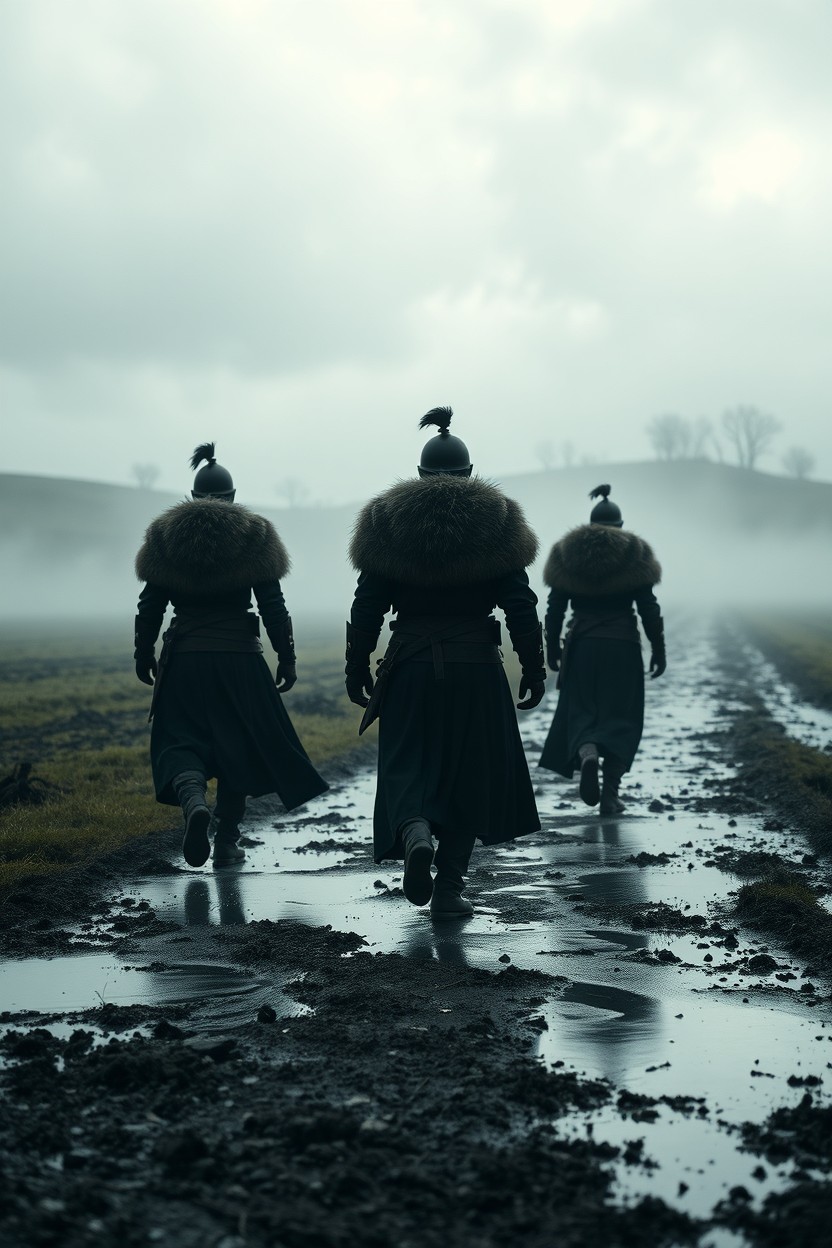 Three warrior silhouettes walking through a wet farmland, dressed in long fur coats that sway gently in the wind