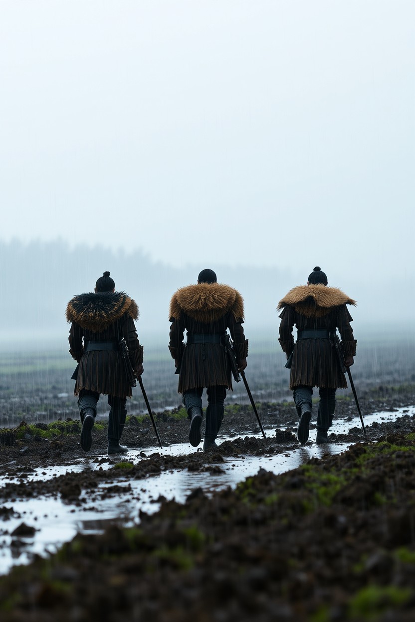 Three distinct warrior silhouettes, each adorned in unique and detailed fur coats, striding purposefully through a wet and muddy farmland under a heavy rain