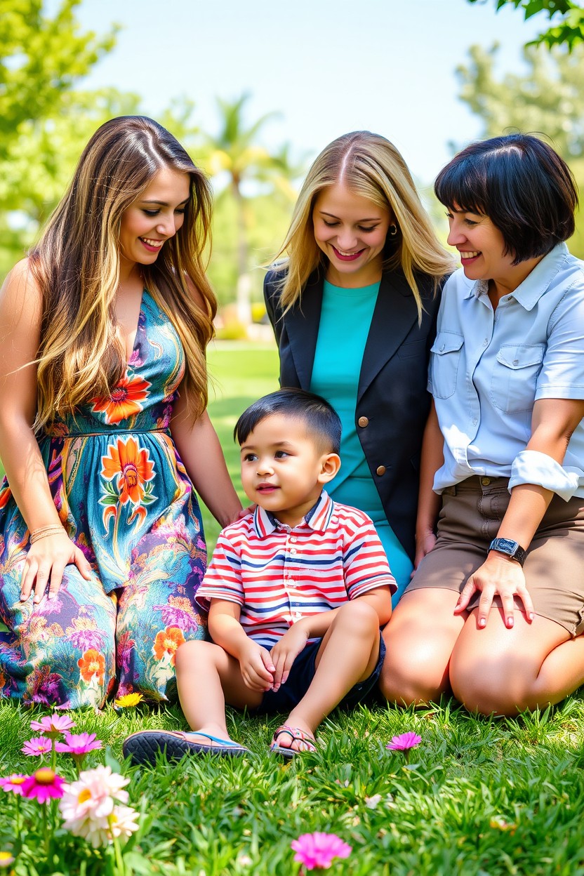 A captivating scene featuring a young boy sitting on the ground, surrounded by three women