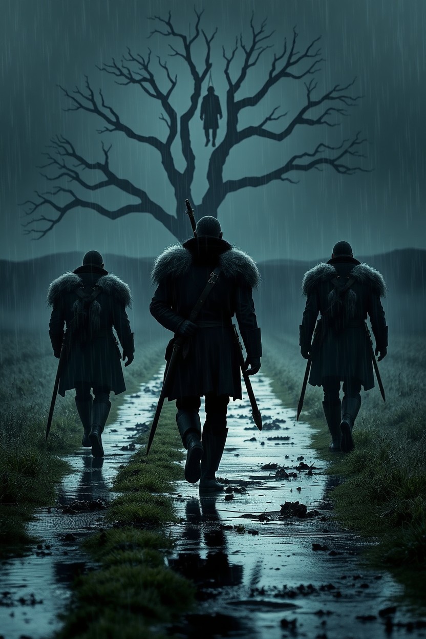 Three different warrior silhouettes wearing fur coats walking through a wet farmland under a heavy rain