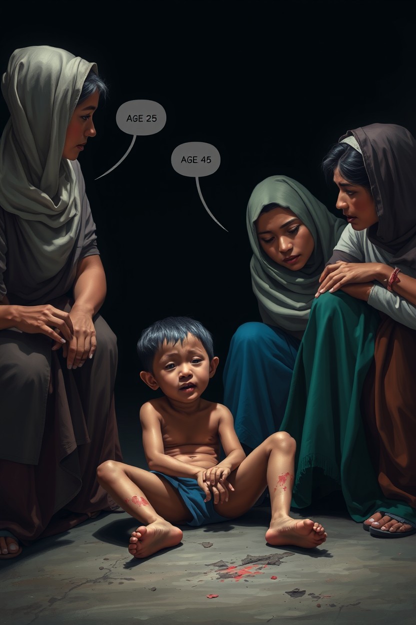 A poignant scene depicting a thin boy sitting on the ground with visible wounds
