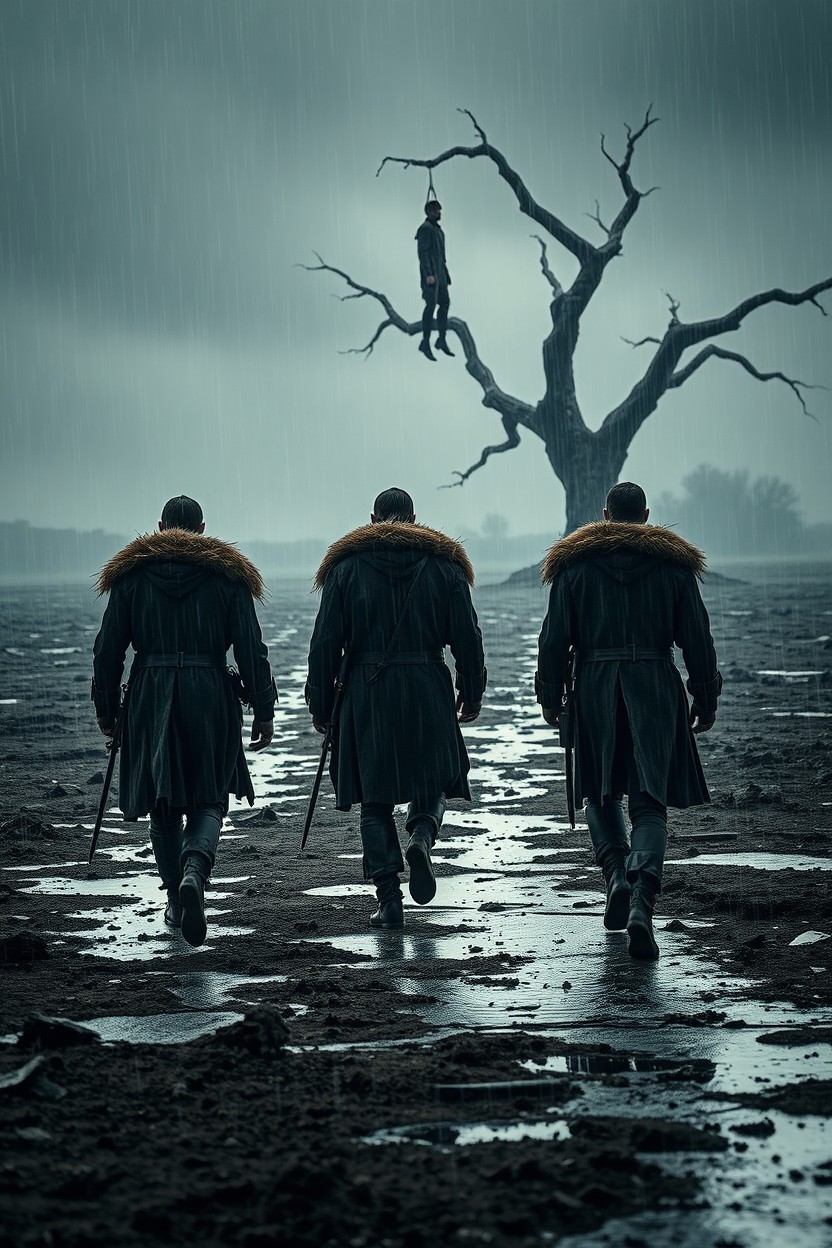 Three warrior silhouettes dressed in rugged fur coats, marching through a desolate, wet broken farmland under a heavy rain