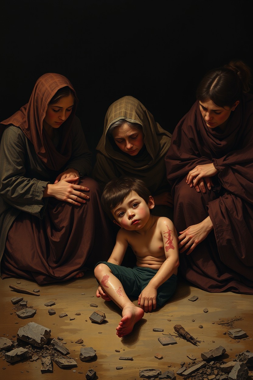 A scene depicting a frail boy sitting on the ground with visible wounds, surrounded by three Spanish women