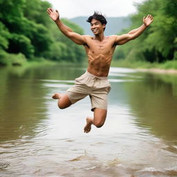 A 29-year-old man with tan skin, posing in mid-leap over a river.