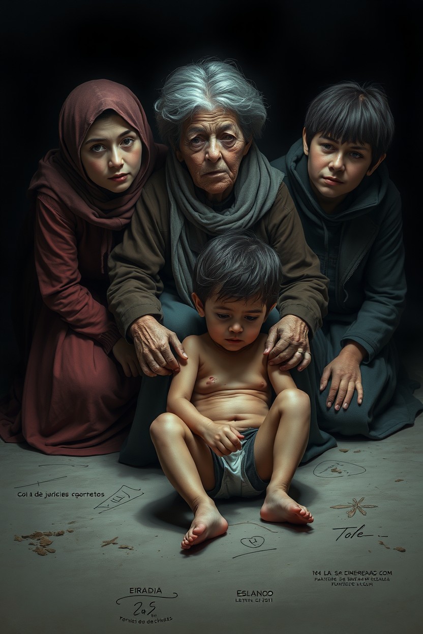 A poignant scene featuring a frail child sitting on the ground, showing signs of injuries, surrounded by three Spanish women