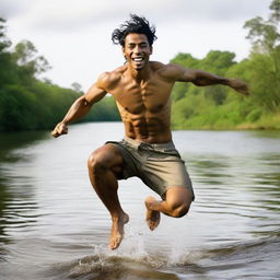 A 29-year-old man with tan skin, posing in mid-leap over a river.