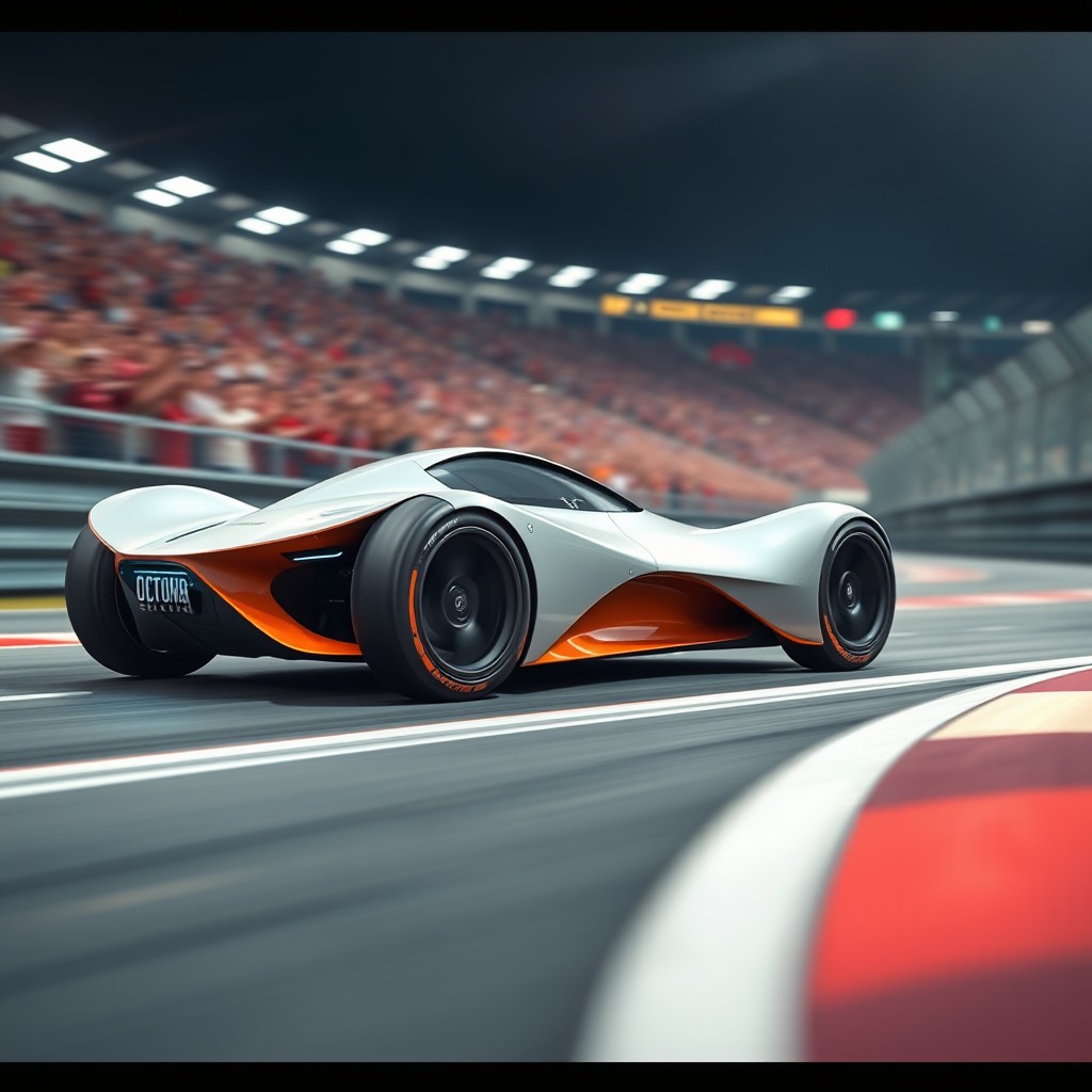 A small concept racing car designed with aerodynamic features, showcasing sleek lines and futuristic styling