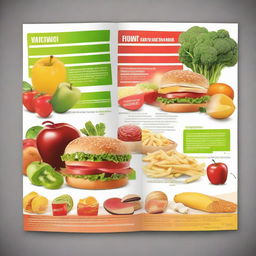 Design a comparative brochure contrasting healthy food items like vegetables, fruits, and lean proteins, against unhealthy food items like junk food, sugary drinks, and processed foods.