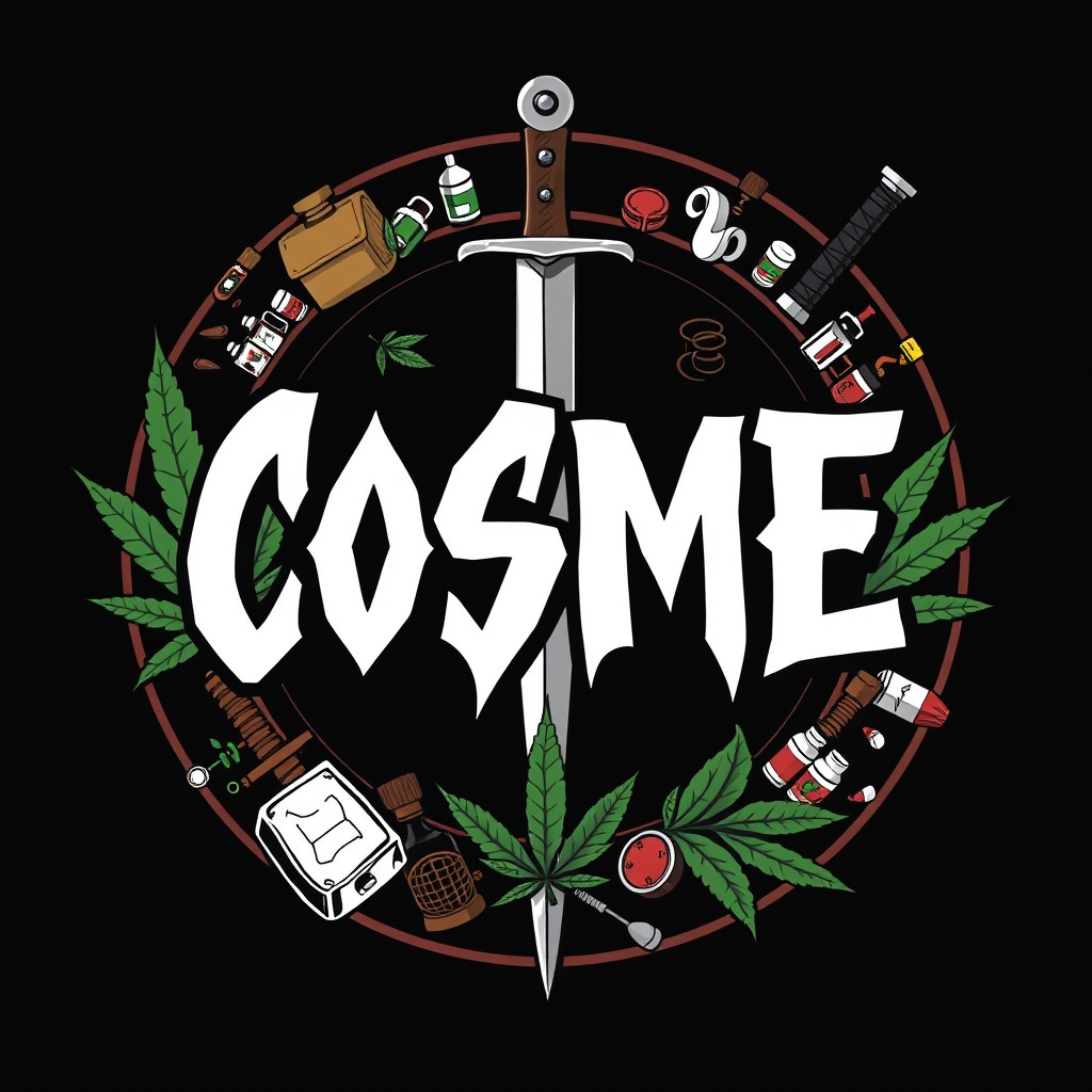 A bold and aggressive design featuring the letters 'COSME' prominently displayed inside a circular frame