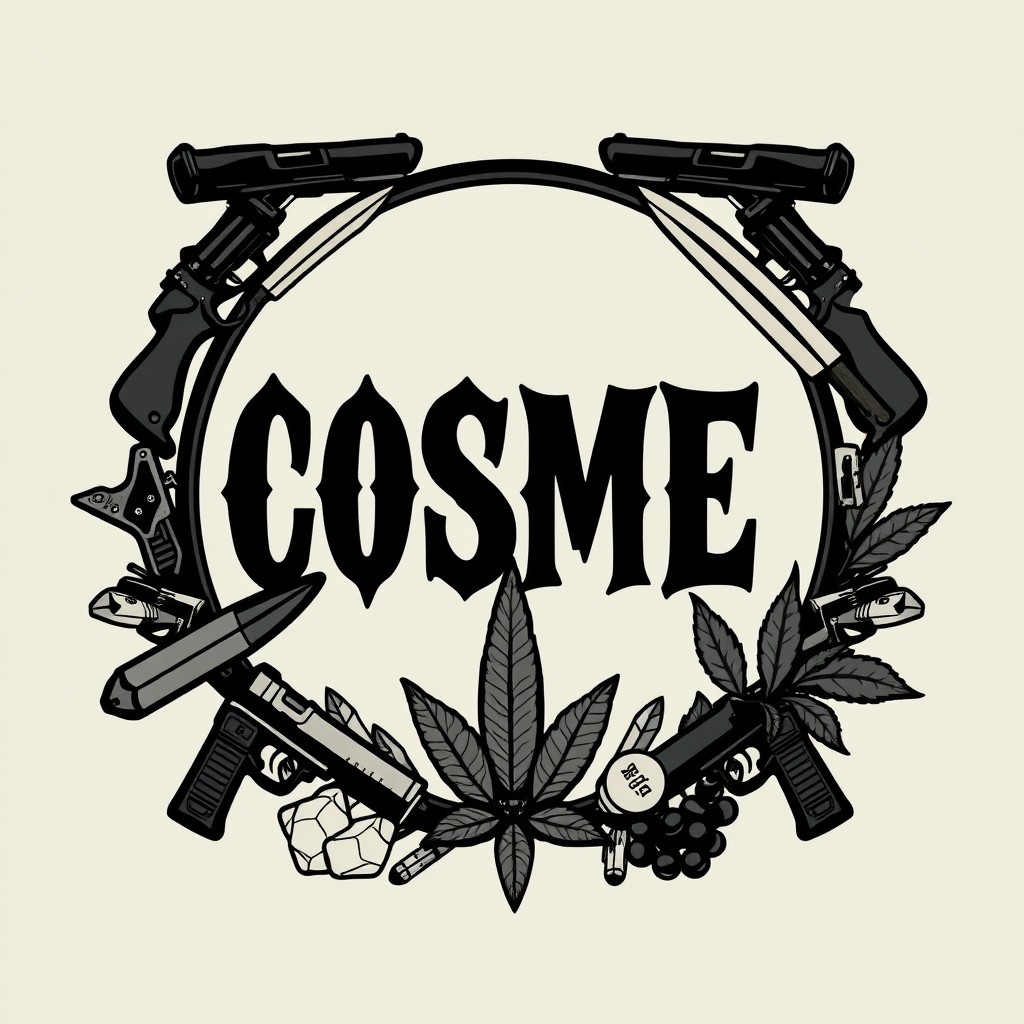 An intense and aggressive design featuring the letters 'COSME' prominently displayed within a circular frame