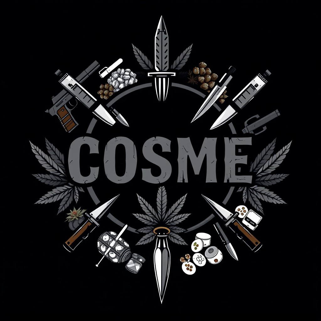 An intense and aggressive design featuring the letters 'COSME' prominently displayed within a circular frame