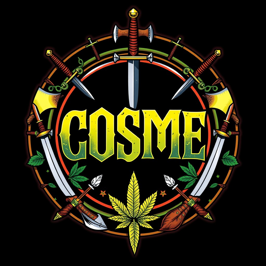 A bold and aggressive design featuring the letters 'COSME' prominently displayed within a circular frame