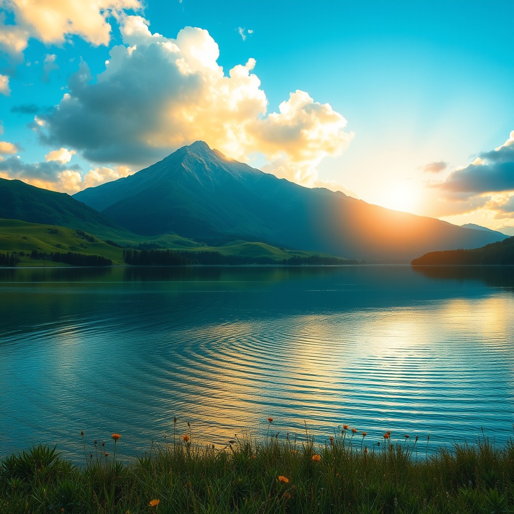A serene landscape featuring a majestic mountain range in the background, with lush green hills rolling gently in the foreground, a crystal clear lake reflecting the stunning scenery, and a vibrant sky filled with fluffy white clouds and a warm golden sunset