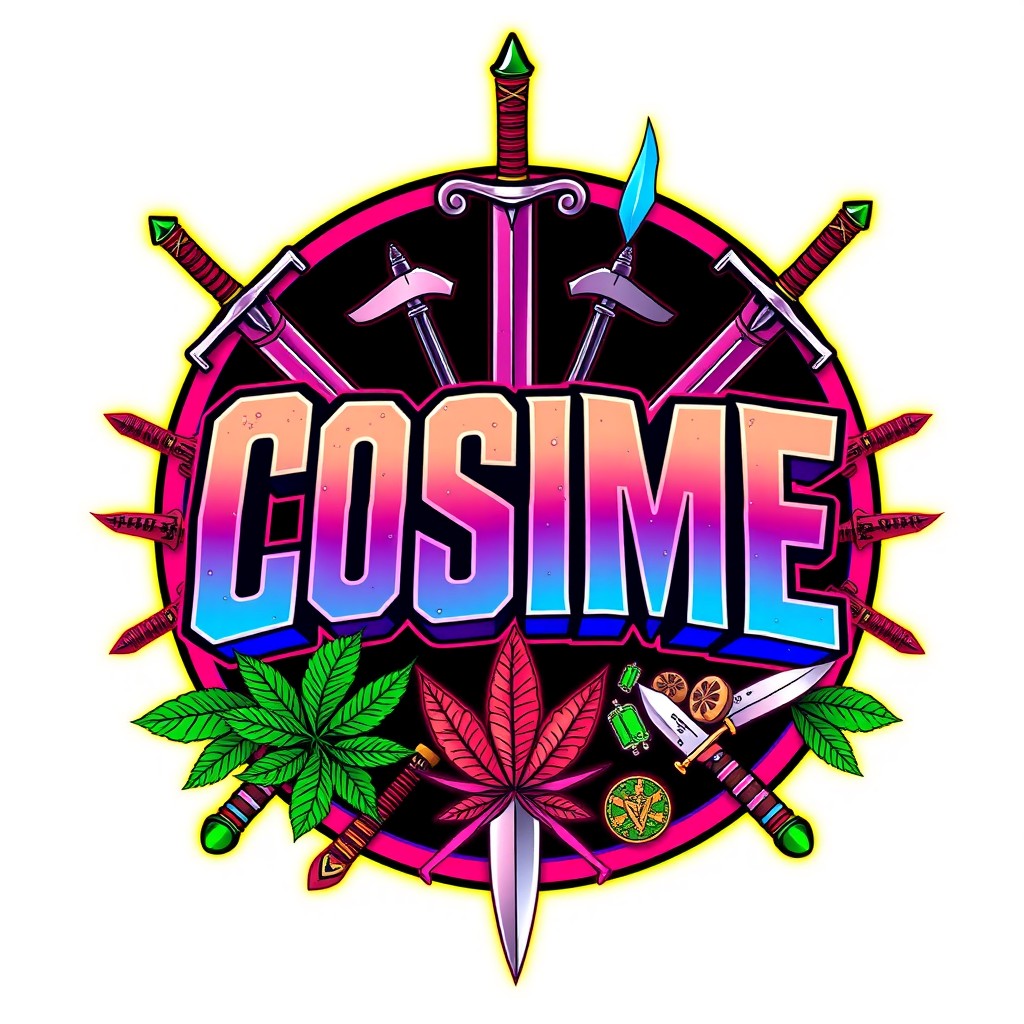An aggressive and vibrant design featuring the letters 'COSME' prominently displayed within a circular frame