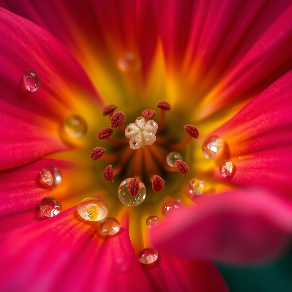A close-up artistic depiction of a flower filled with dew drops, symbolically representing fertility and nature