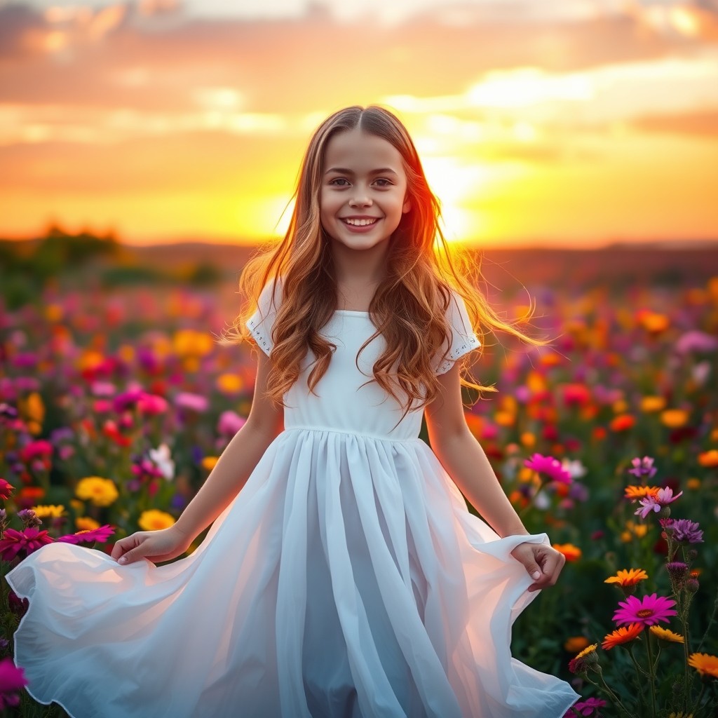 A beautiful girl standing in a vibrant flower field during sunset, wearing a flowy white dress that sways gently in the breeze