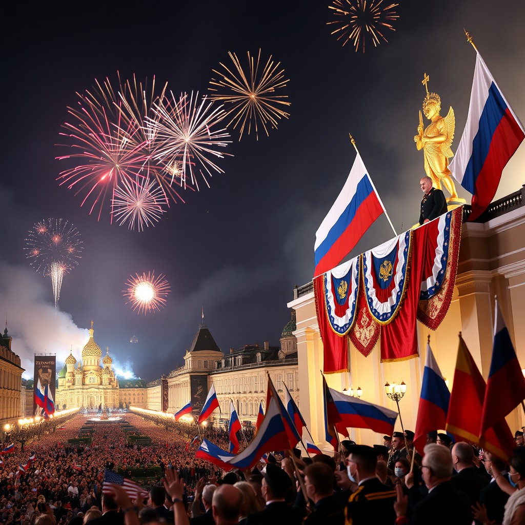 A grand and solemn celebration of Russia's Victory Day on May 9th, featuring the Russian president in a military uniform, standing proudly on a balcony