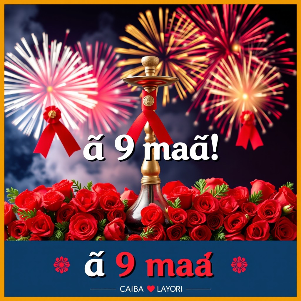 A festive and vibrant graphic celebrating Victory Day on May 9th, featuring a beautifully arranged display of traditional Russian symbols such as the George ribbon, red carnations, and fireworks in the background