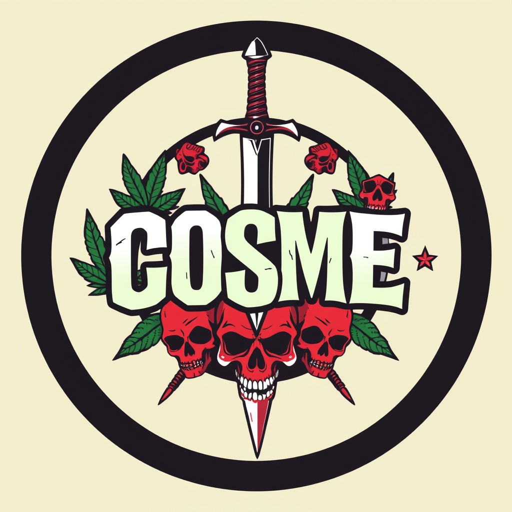 An aggressive and dynamic design featuring the letters 'COSME' prominently displayed within a circular frame