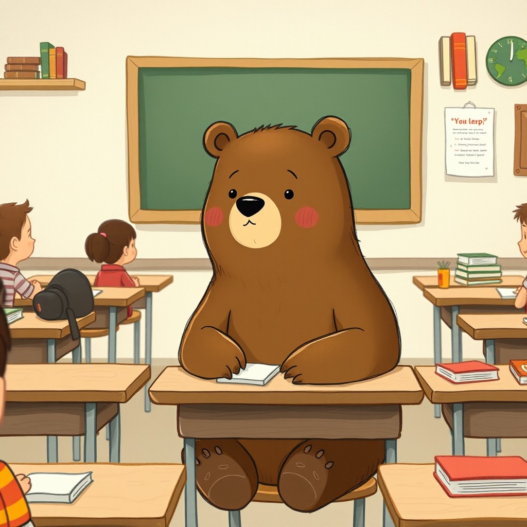 A brown bear sitting in a classroom listening to a lecture, in the distinctive style of Jon Klassen, characterized by whimsical and minimalist illustrations
