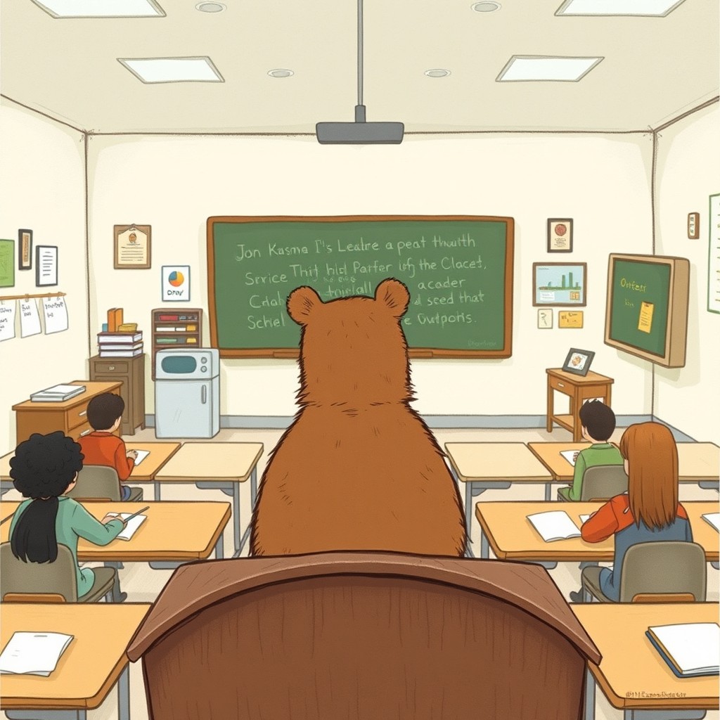 A perspective from the podium looking out over a classroom where a brown bear is sitting and attentively listening to a lecture