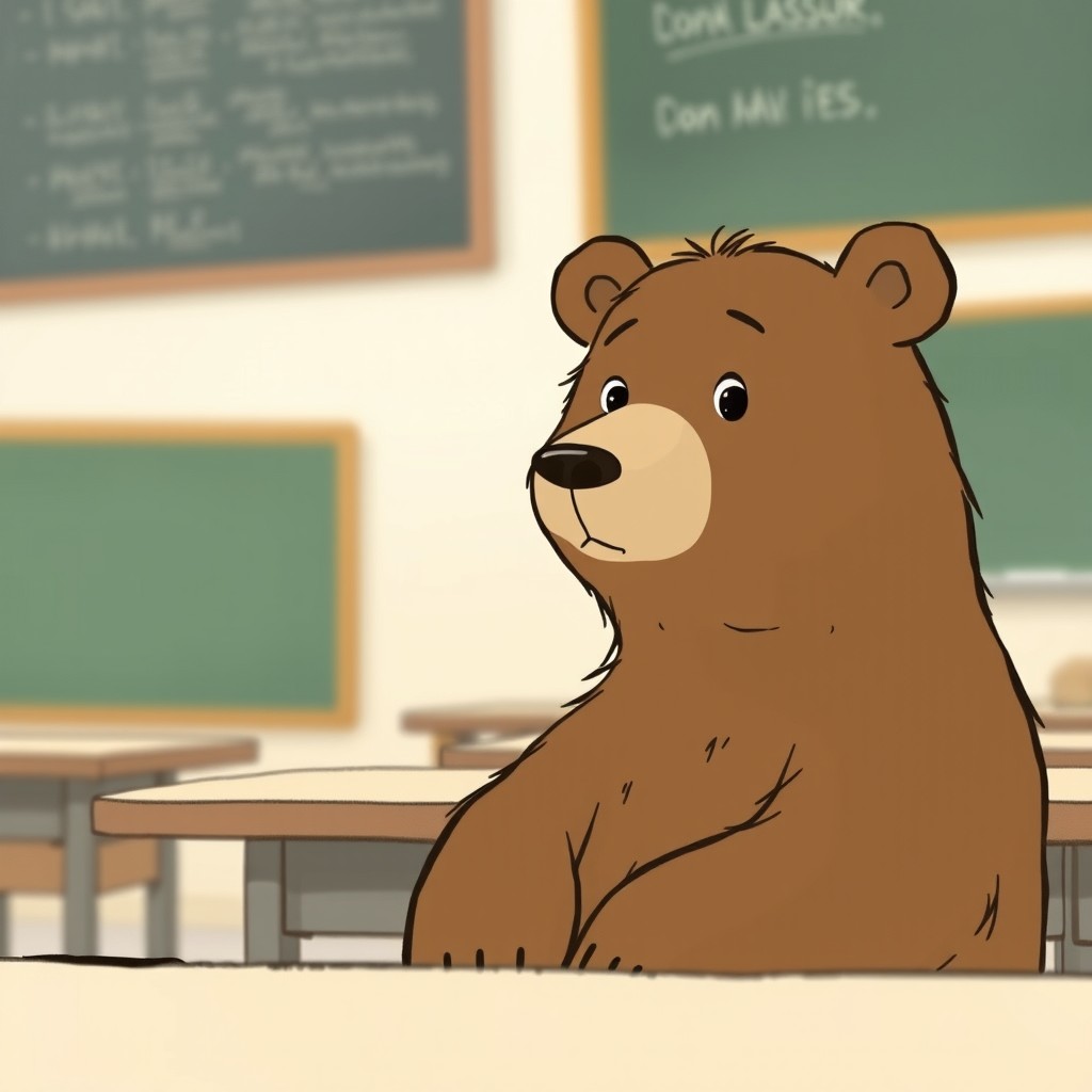 A close-up shot of a brown bear sitting in a classroom, attentively listening to a lecture, illustrated in the whimsical style of Jon Klassen