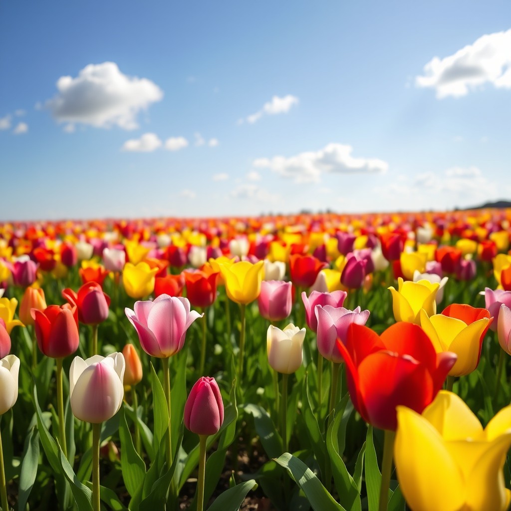 A vibrant tulip field in full bloom, showcasing a stunning variety of tulips in multiple colors such as red, yellow, pink, purple, and white