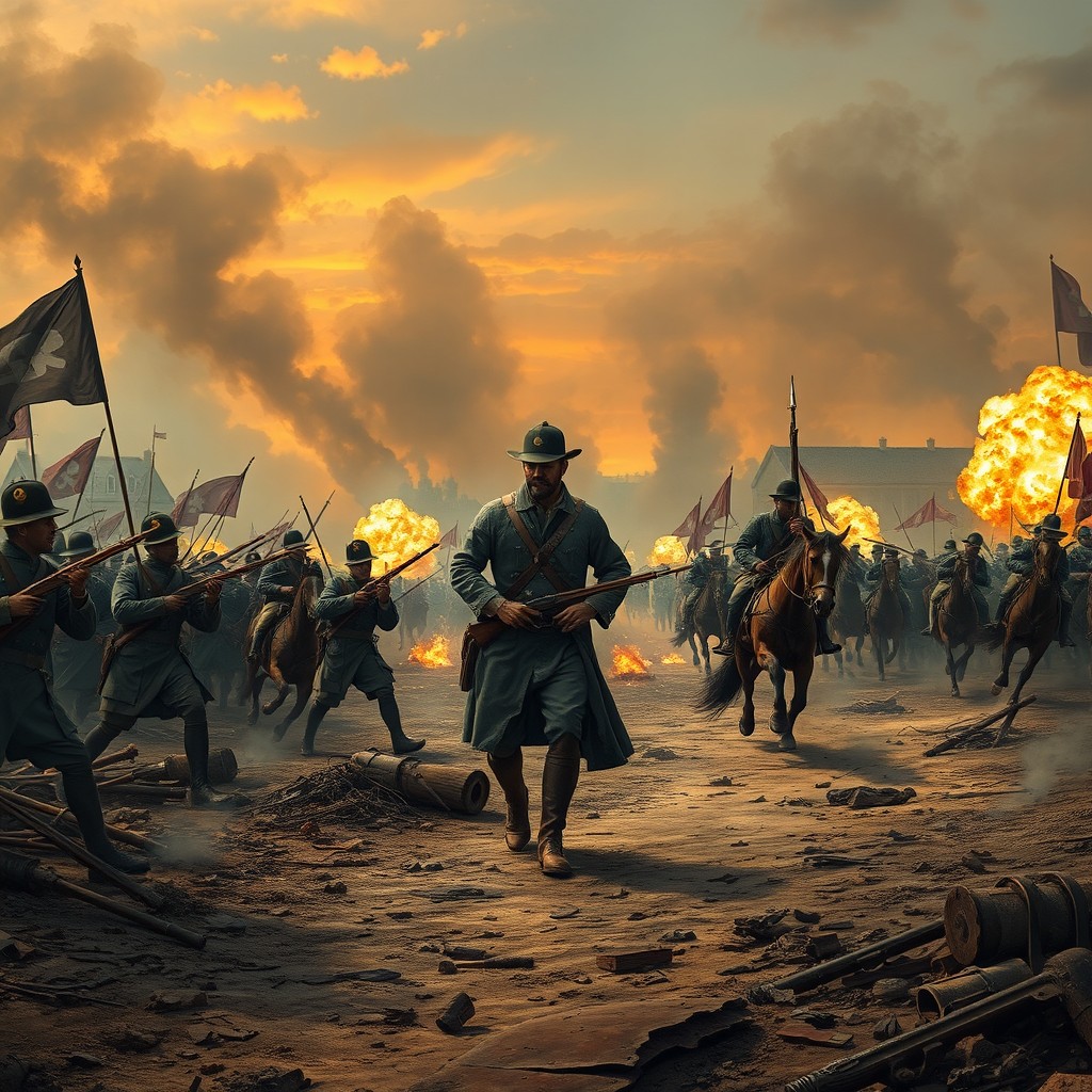 A vivid scene depicting a historical 1800s war zone, featuring soldiers in traditional uniforms, muskets in hand amidst a chaotic battlefield