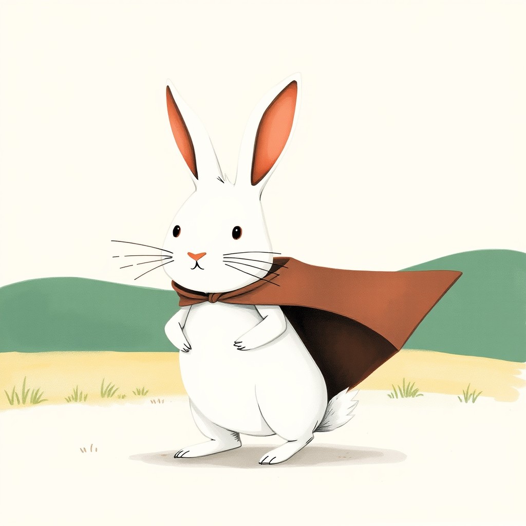 A small white rabbit wearing a superhero cape, illustrated in the whimsical style of Jon Klassen